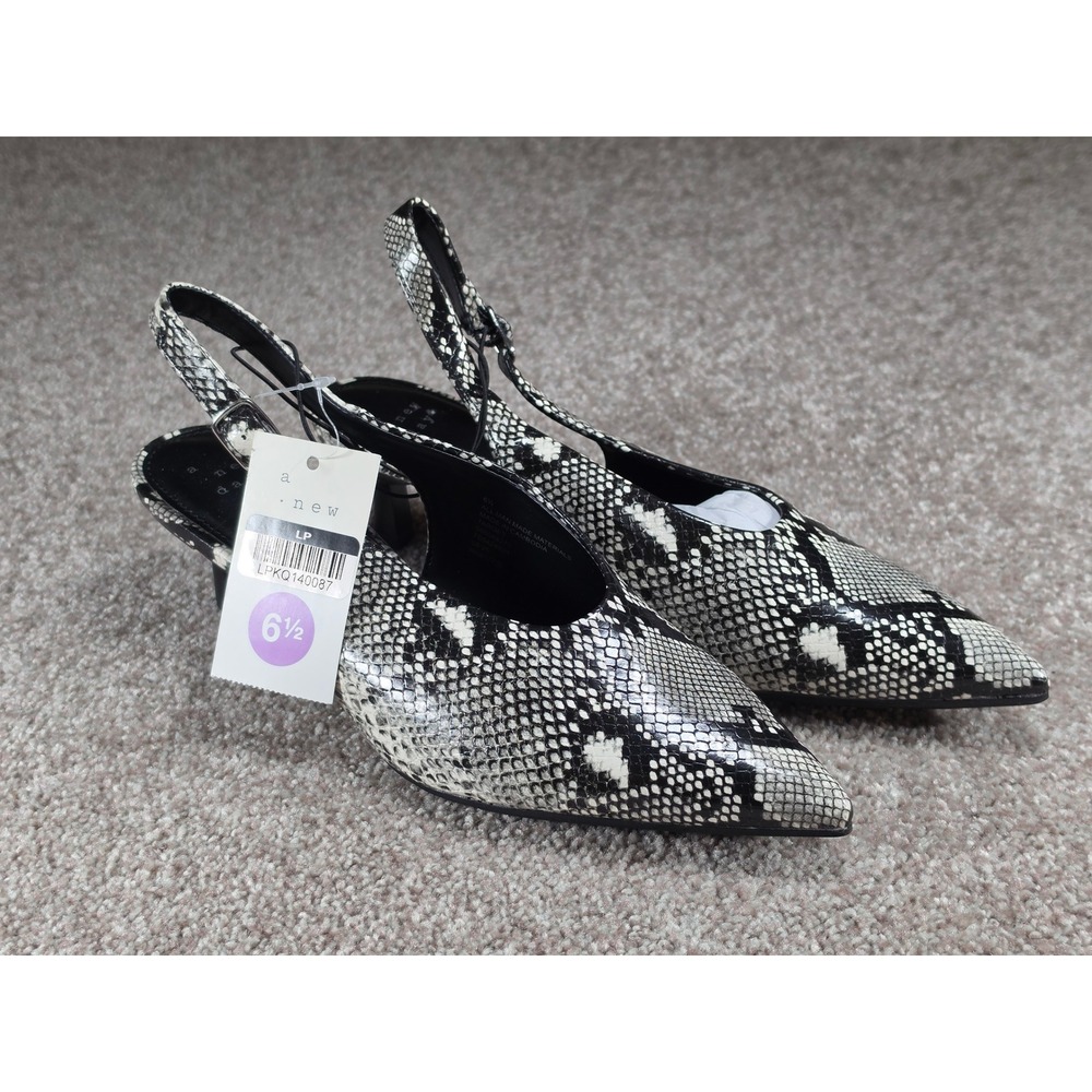 A New Day Samantha Snakeskin Slingback Kitten Heel Pumps Womens 6.5 Cream Black